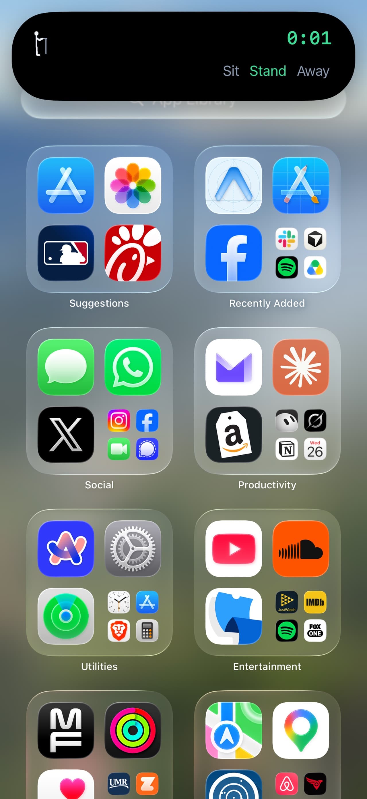 SitStand timer in the expanded Dynamic Island, with Sit, Stand, and Away